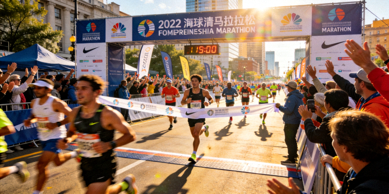 大型城市马拉松赛事现场，参赛者正冲过终点线，周围观众热烈欢呼