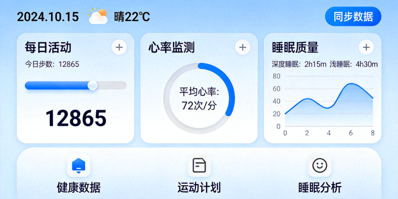 智能健康管理平台手机应用界面展示用户每日活动、心率与睡眠质量数据